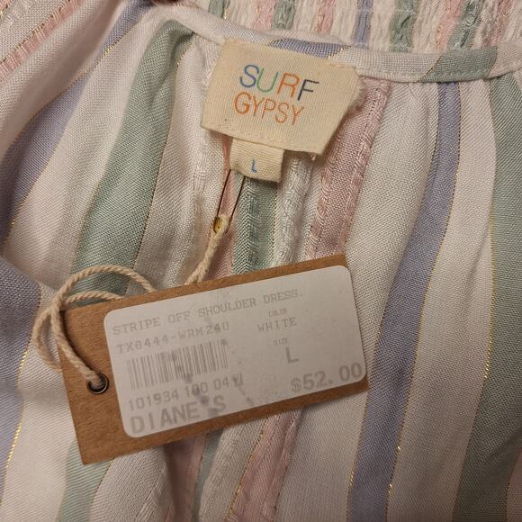 SurfGypsy NEW Shirred off the shoulder tassel mini dress cover up striped pastel - Picture 5 of 6